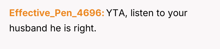 Effective_Pen_4696 YTA, listen to your husband he is right.