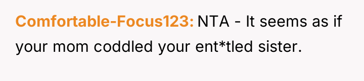 Comfortable-Focus123 NTA - It seems as if your mom coddled...