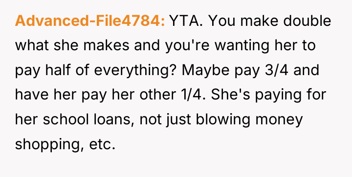 Advanced-File4784 YTA. You make double what she makes and you're...