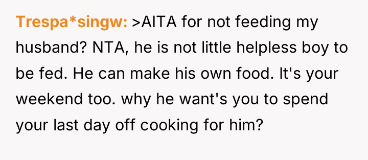 Trespa*singw >AITA for not feeding my husband? NTA, he is...