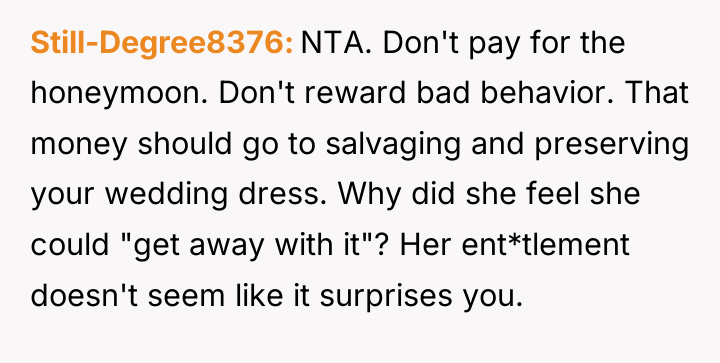 Still-Degree8376 NTA. Don't pay for the honeymoon. Don't reward bad...