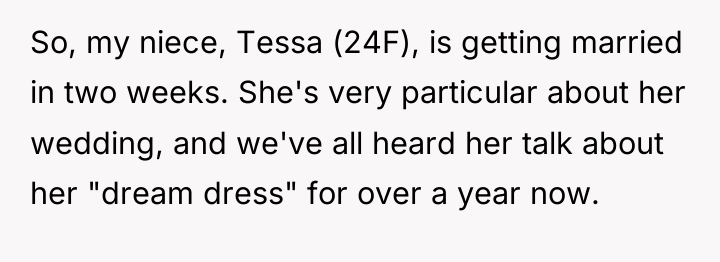 So, my niece, Tessa (24F), is getting married in two...