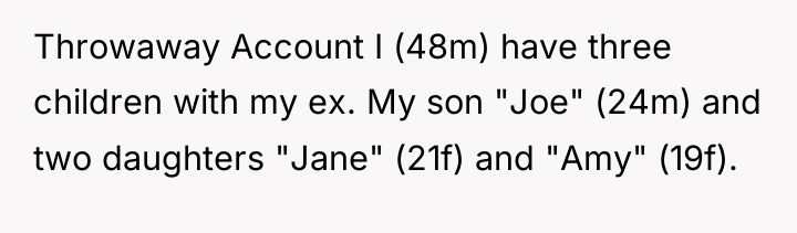 Throwaway Account I (48m) have three children with my ex....