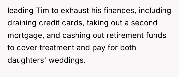 leading Tim to exhaust his finances, including draining credit cards,...