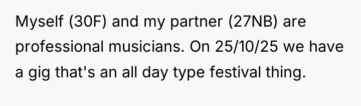 Myself (30F) and my partner (27NB) are professional musicians. On...