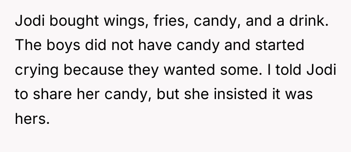 Jodi bought wings, fries, candy, and a drink. The boys...