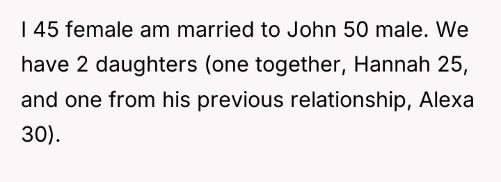 I 45 female am married to John 50 male. We...