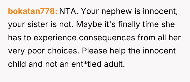 bokatan778 NTA. Your nephew is innocent, your sister is not....