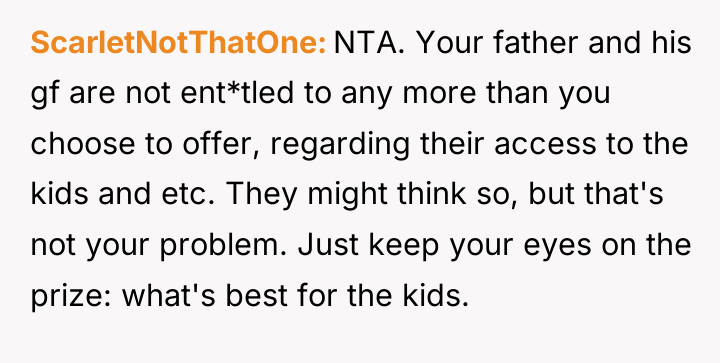 ScarletNotThatOne NTA. Your father and his gf are not ent*tled...