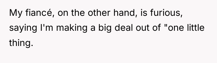 My fiancé, on the other hand, is furious, saying I'm...