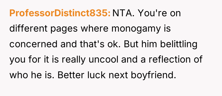 ProfessorDistinct835 NTA. You're on different pages where monogamy is concerned...