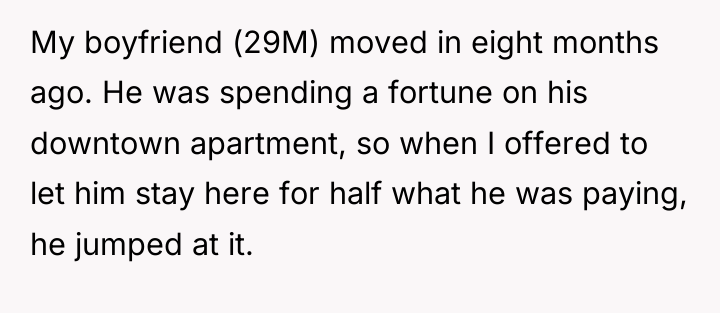 My boyfriend (29M) moved in eight months ago. He was...