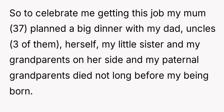 So to celebrate me getting this job my mum (37)...