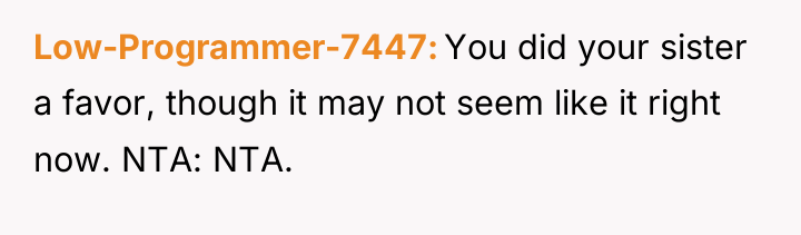 Low-Programmer-7447 You did your sister a favor, though it may...