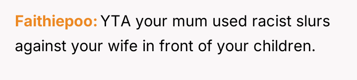 Faithiepoo YTA your mum used racist slurs against your wife...