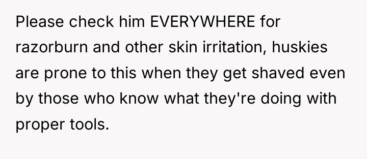 Please check him EVERYWHERE for razorburn and other skin irritation,...
