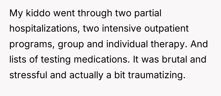 My kiddo went through two partial hospitalizations, two intensive outpatient...