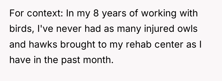 For context: In my 8 years of working with birds,...