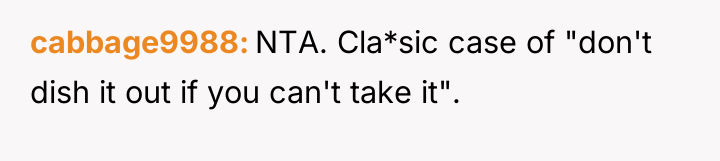 cabbage9988 NTA. Cla*sic case of "don't dish it out if...