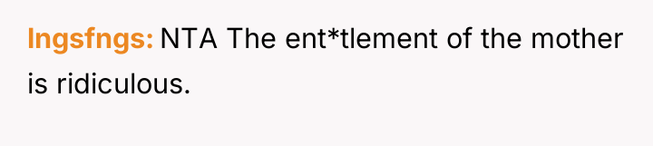 lngsfngs NTA The ent*tlement of the mother is ridiculous.