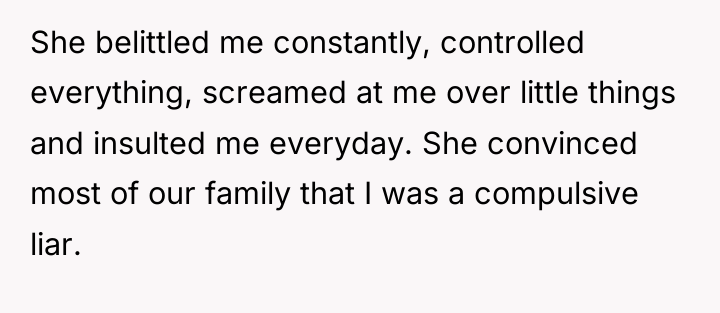 She belittled me constantly, controlled everything, screamed at me over...