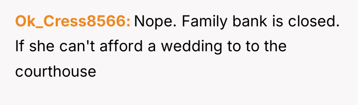 Ok_Cress8566 Nope. Family bank is closed. If she can't afford...