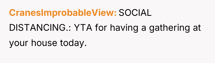 CranesImprobableView SOCIAL DISTANCING.: YTA for having a gathering at your...