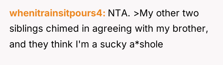 whenitrainsitpours4 NTA. >My other two siblings chimed in agreeing with...