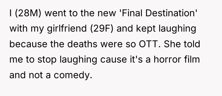 I (28M) went to the new 'Final Destination' with my...