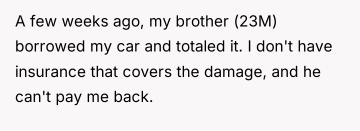 A few weeks ago, my brother (23M) borrowed my car...