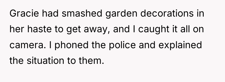 Gracie had smashed garden decorations in her haste to get...