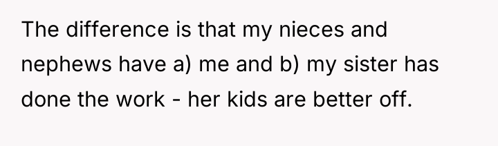 The difference is that my nieces and nephews have a)...
