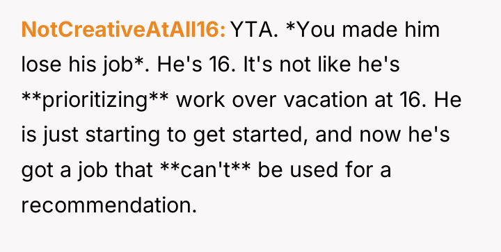 NotCreativeAtAll16 YTA. *You made him lose his job*. He's 16....