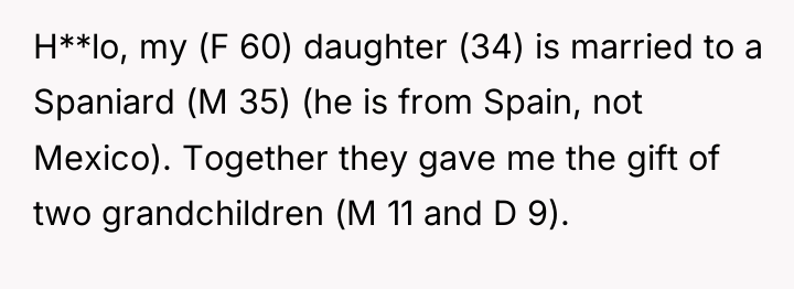 H**lo, my (F 60) daughter (34) is married to a...