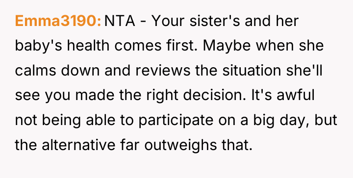 Emma3190 NTA - Your sister's and her baby's health comes...