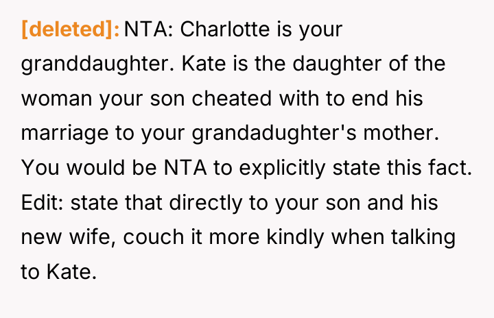 [deleted] NTA: Charlotte is your granddaughter. Kate is the daughter...