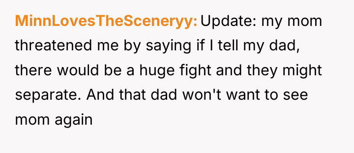 MinnLovesTheSceneryy Update: my mom threatened me by saying if I...