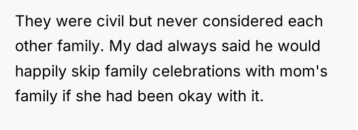 They were civil but never considered each other family. My...