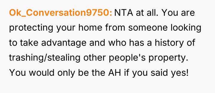 Ok_Conversation9750 NTA at all. You are protecting your home from...