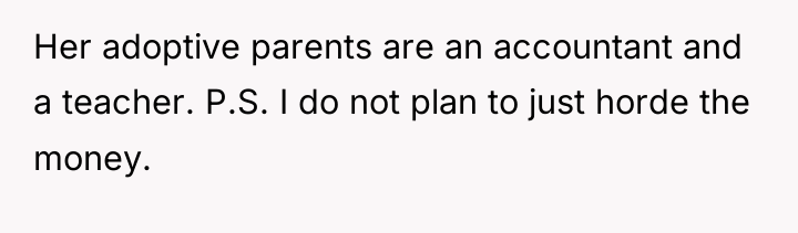Her adoptive parents are an accountant and a teacher. P.S....