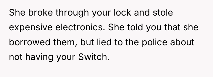 She broke through your lock and stole expensive electronics. She...