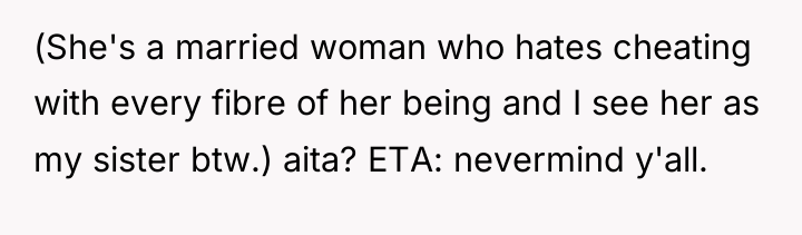 (She's a married woman who hates cheating with every fibre...