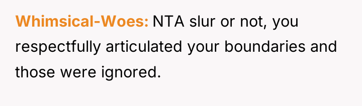 Whimsical-Woes NTA slur or not, you respectfully articulated your boundaries...