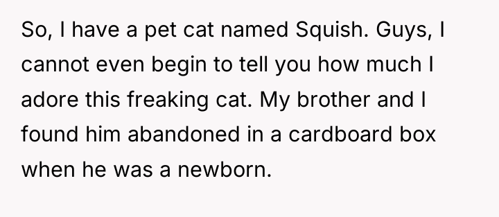 So, I have a pet cat named Squish. Guys, I...