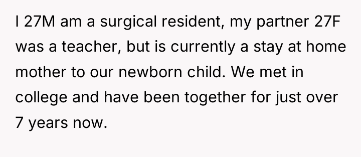 I 27M am a surgical resident, my partner 27F was...