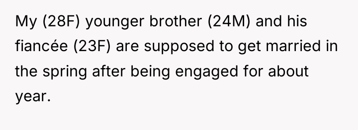 My (28F) younger brother (24M) and his fiancée (23F) are...
