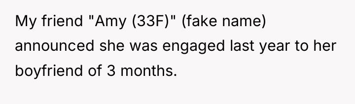 My friend "Amy (33F)" (fake name) announced she was engaged...