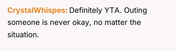 CrystalWhispes Definitely YTA. Outing someone is never okay, no matter...