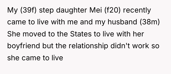 My (39f) step daughter Mei (f20) recently came to live...
