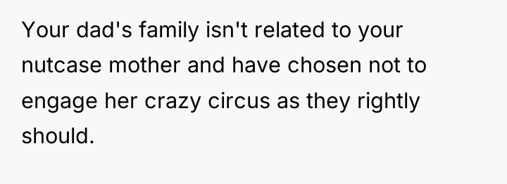 Your dad's family isn't related to your nutcase mother and...